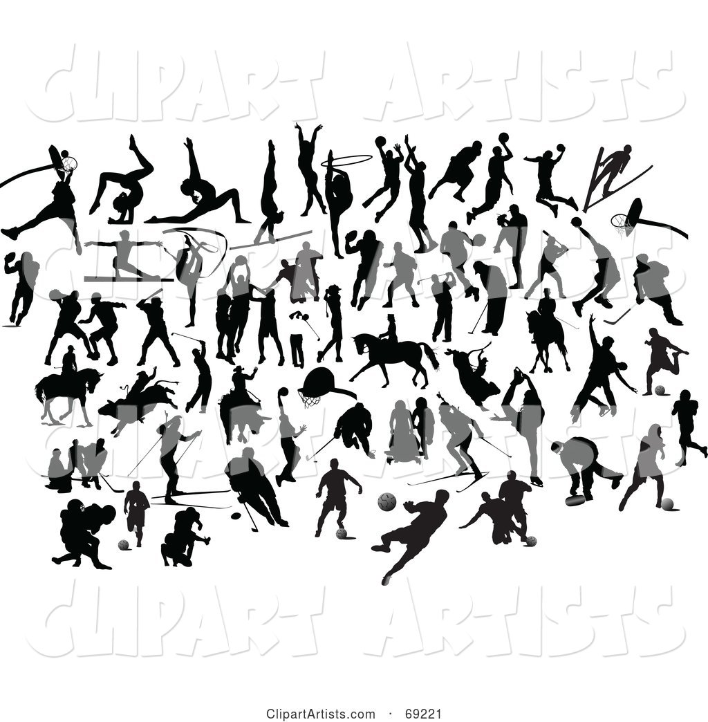 Digital Collage of Black Sports Silhouettes on White