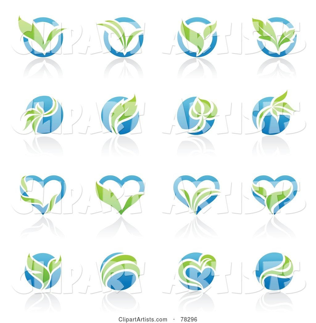 Digital Collage of Blue and Green Organic Heart and Circle Logos with Reflections