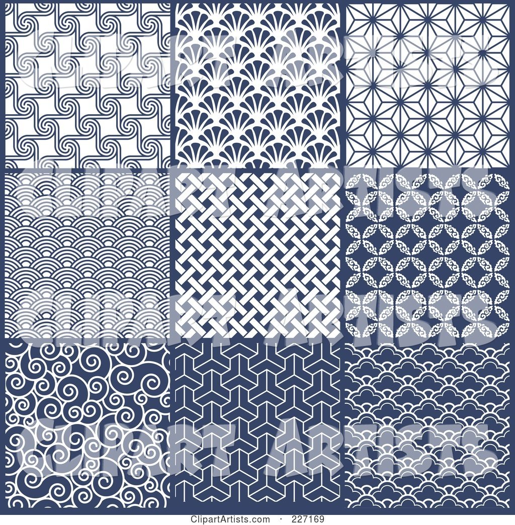 Digital Collage of Blue and White Repeat Asian Style Background Patterns