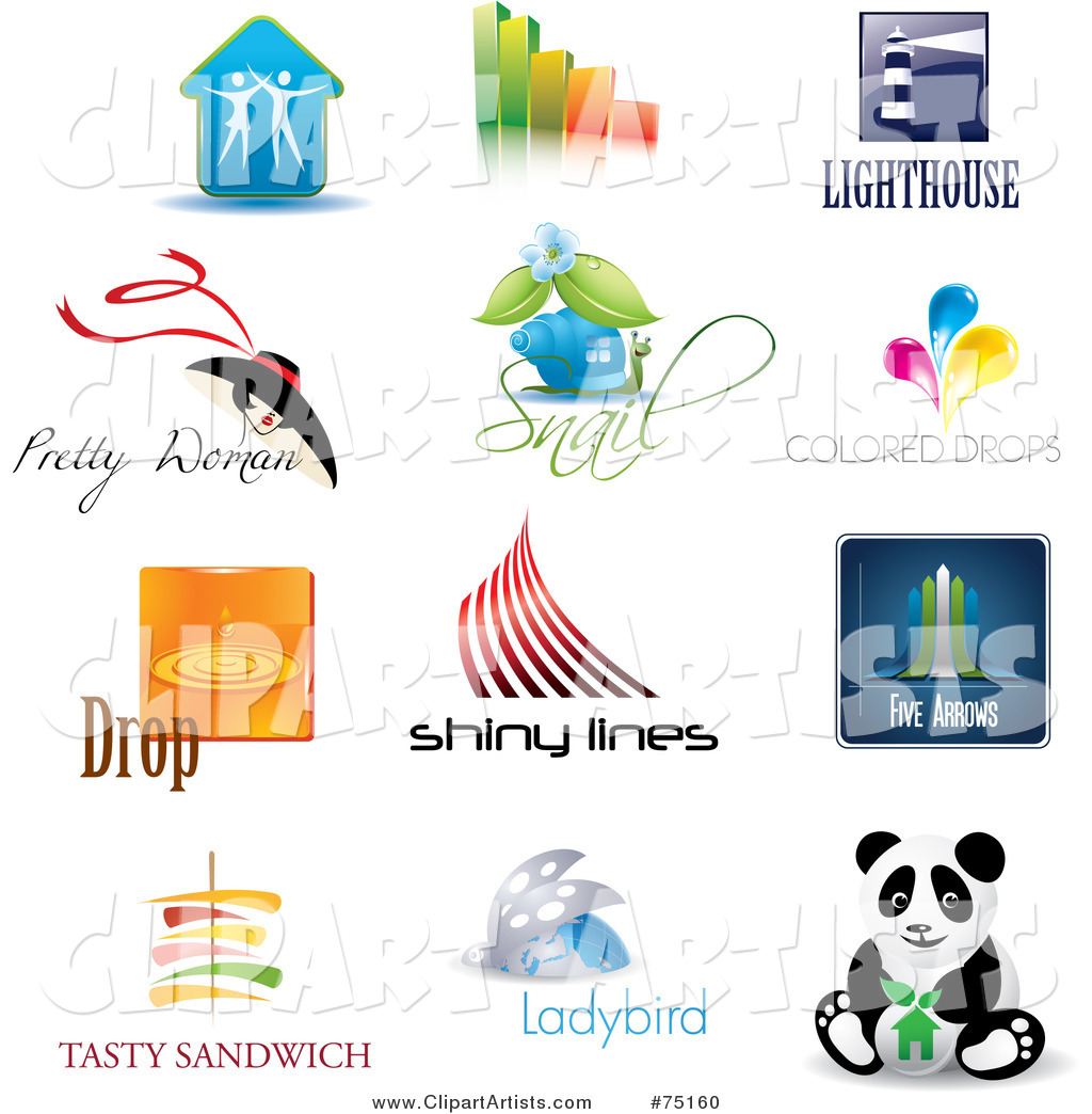 Digital Collage of Couple, Bar Graph, Lighthouse, Fashion, Snail, Color, Droplets, Lines, Arrows, Sandwich, Ladybug and Panda Icon Logos