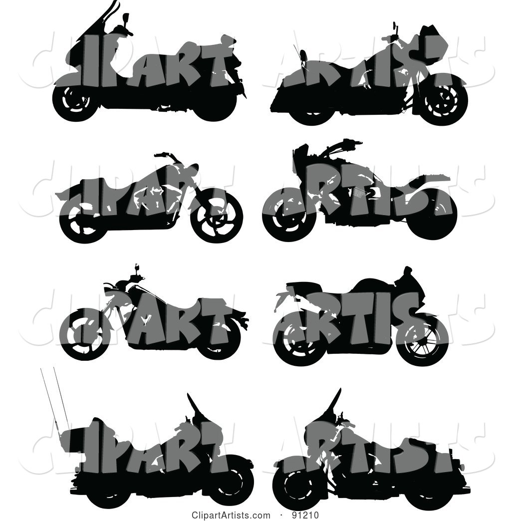 Digital Collage of Eight Motorcycle Silhouettes