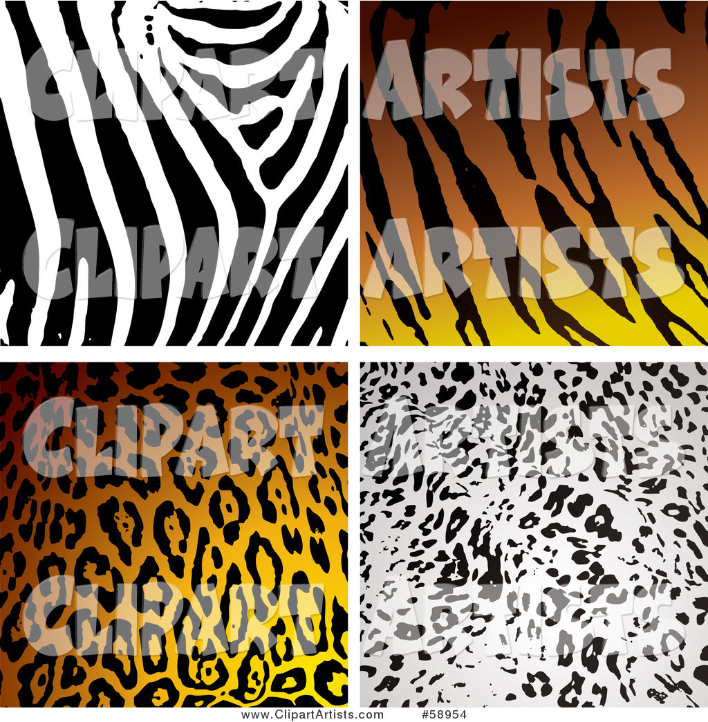 Digital Collage of Four Zebra, Tiger, Leopard and Cheetah Print Backgrounds