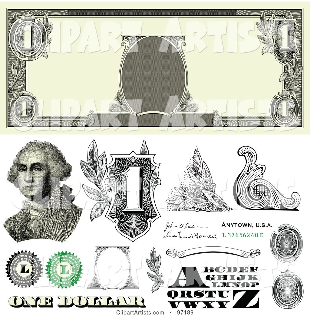 Digital Collage of One Dollar Bill Bank Note Design Elements - 2