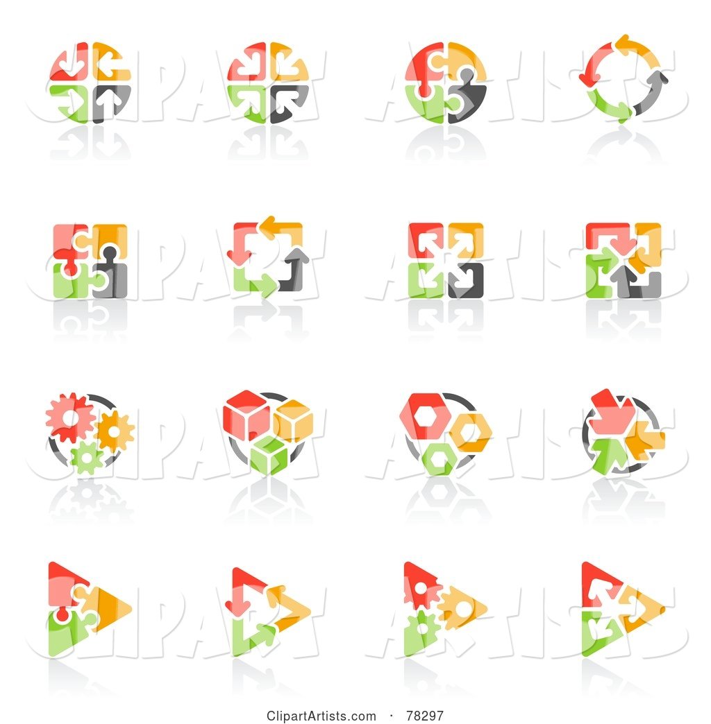Digital Collage of Red, Orange Green and Black Puzzle and Arrow Logos with Reflections