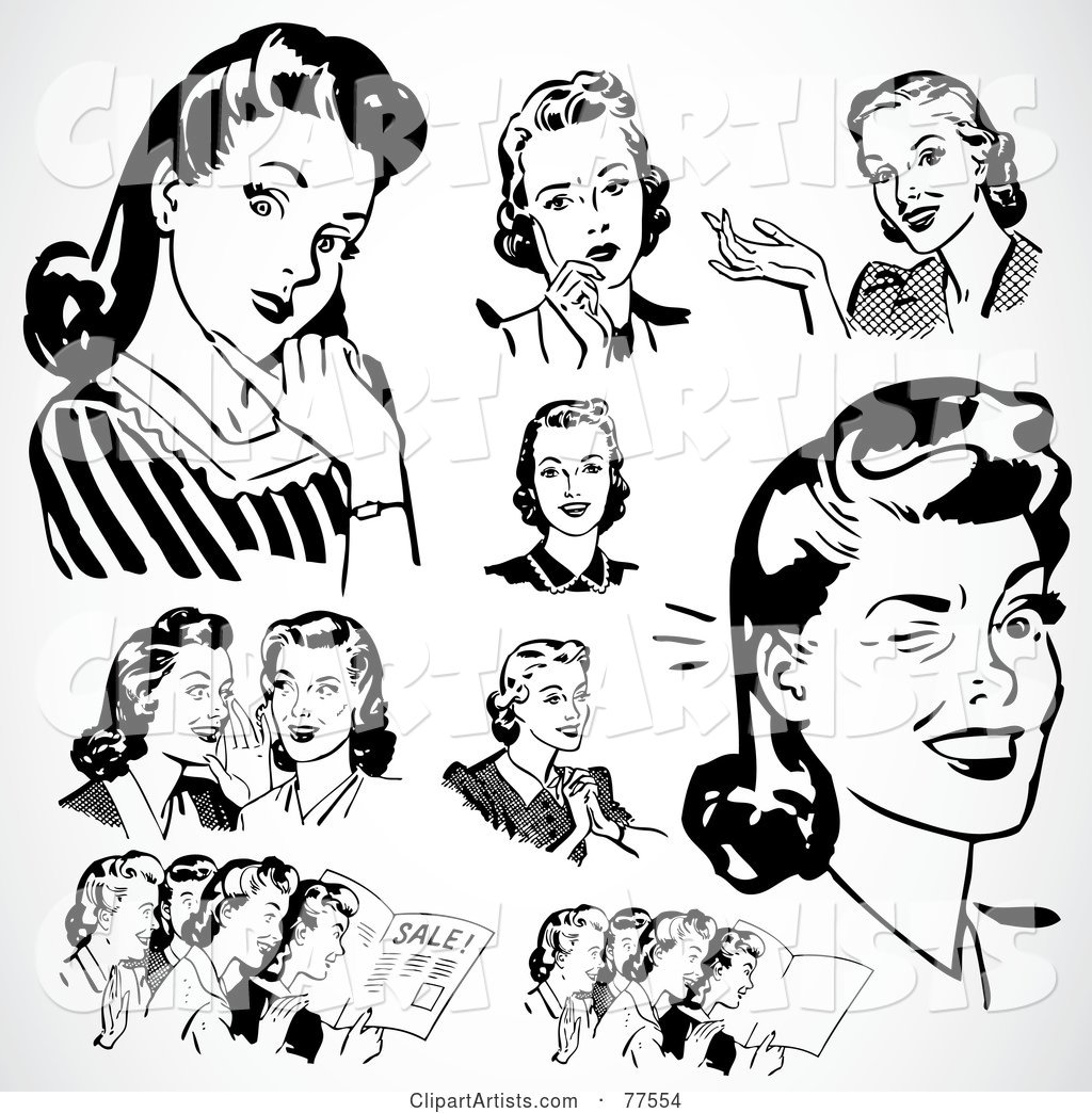 Digital Collage of Retro Black and White Ladies Thinking and Talking