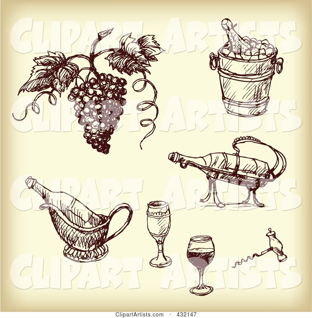 Digital Collage of Sketched Grapes and Wine Tools in Sepia Tone