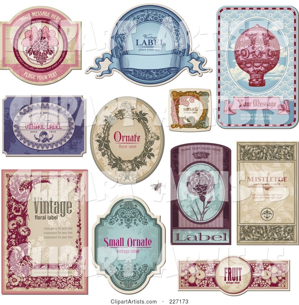 Digital Collage of Vintage Label Designs with Sample Text - 1