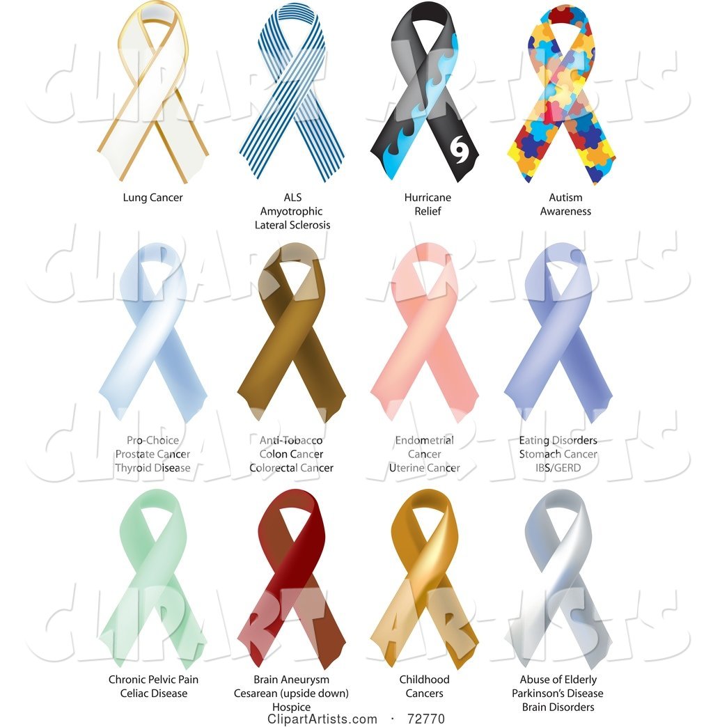 Digital Collage of White, Striped, Wave, Autism, Blue, Brown, Pink, Blue, Green, Red, Gold and White Awareness Ribbons with Labels