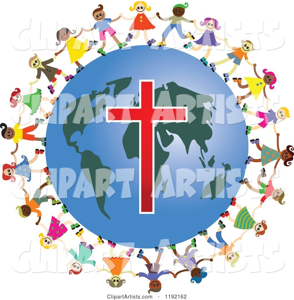 Diverse Christian Kids Holding Hands Around a Globe with a Cross