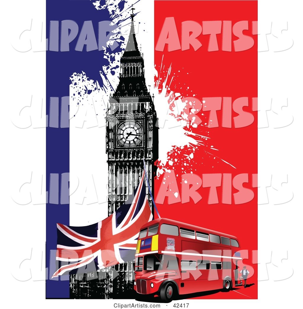 Double Decker Bus, Union Jack and Big Ben on a Colorful Grunge Background