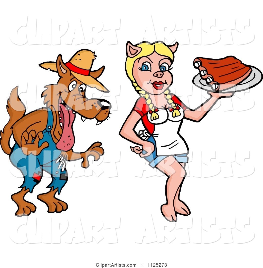 Drooling Hillbilly Wolf and Pig Waitress Serving Bbq Ribs