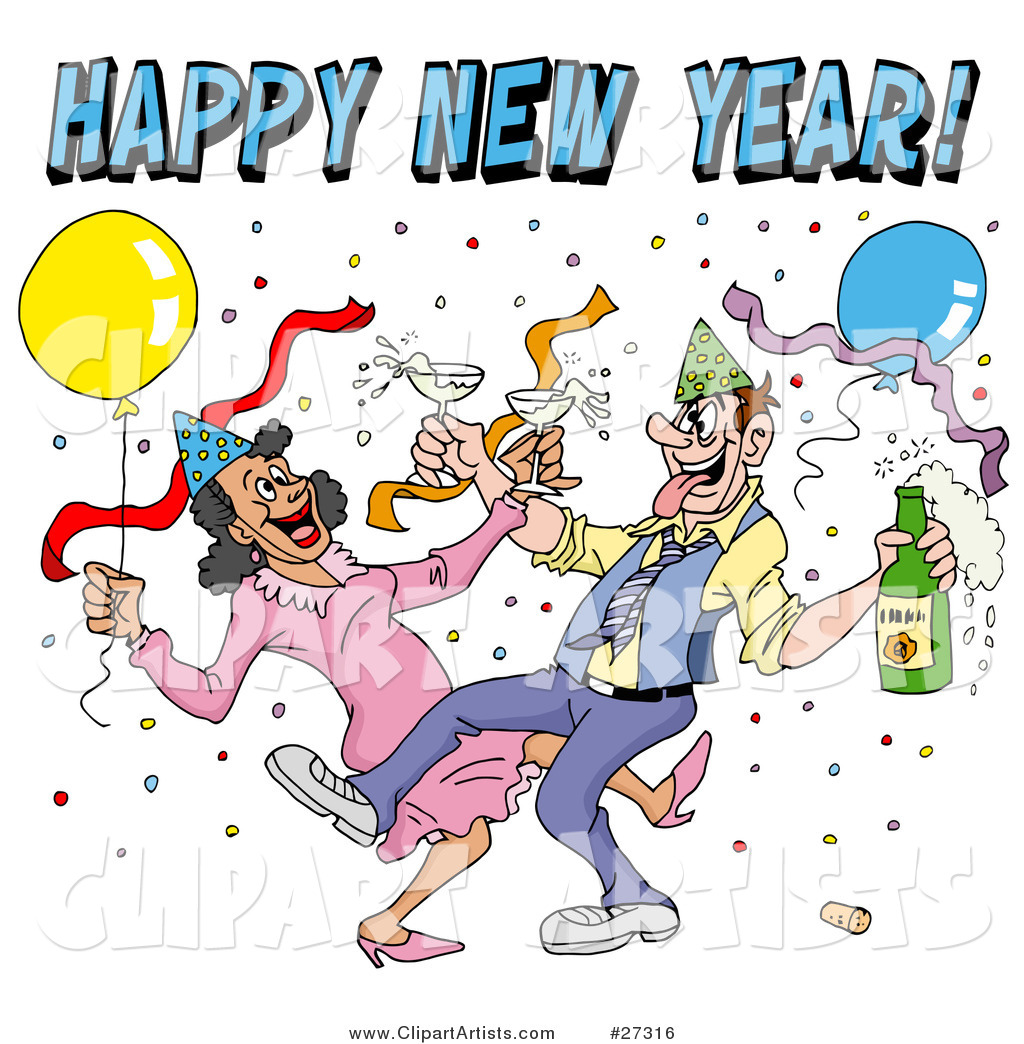Drunk Couple Wearing Party Hats and Dancing with Champagne Under Balloons and Confetti at a New Year Party