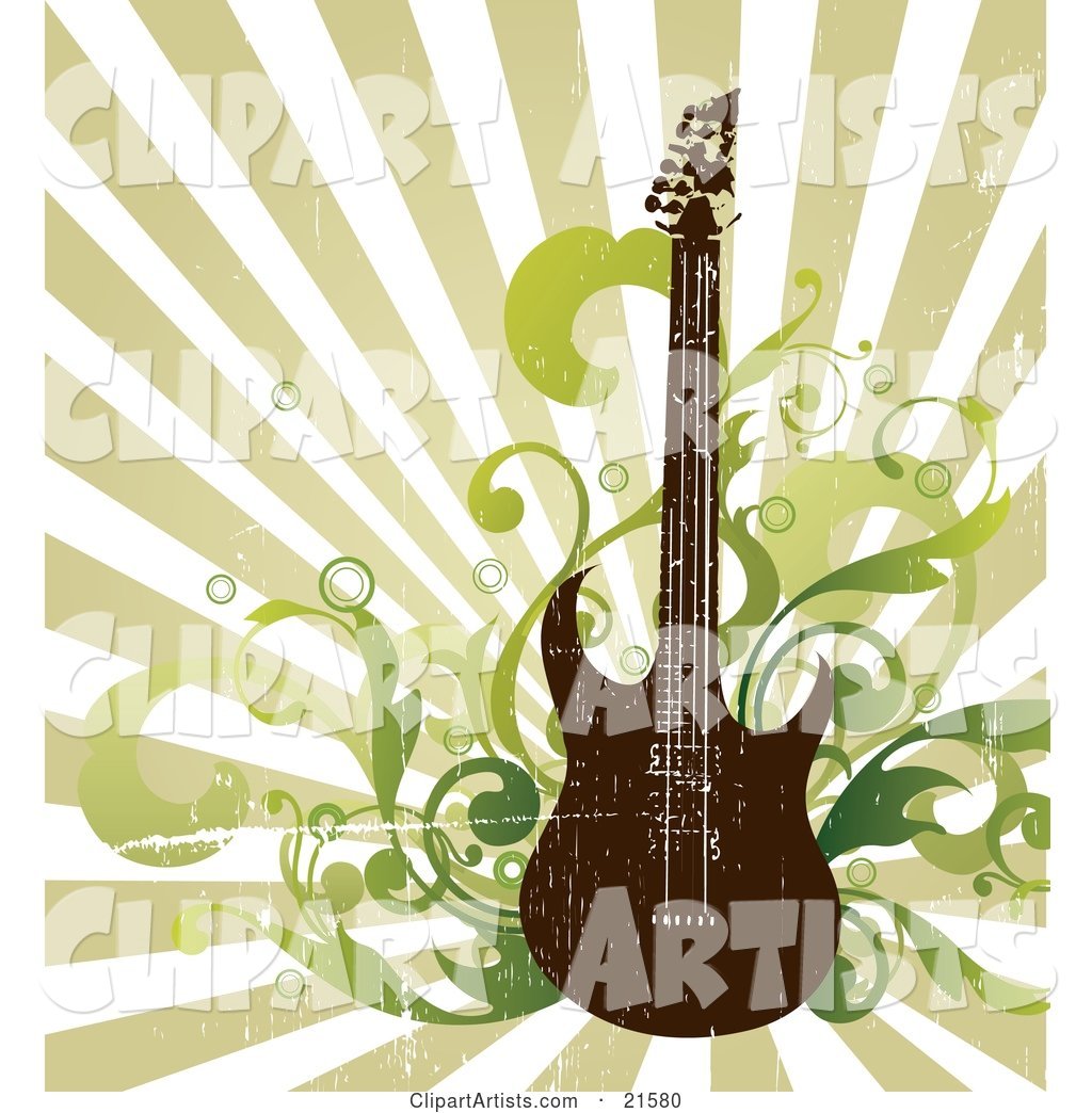 Electric Guitar with Music Notes and Radio Speakers over a Grunge Background