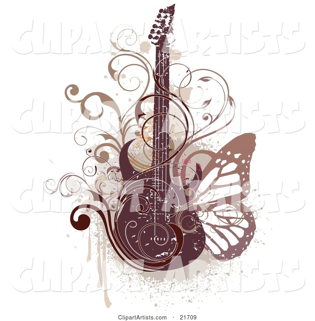 Electric Guitar with Scrolled Vines and a Butterfly over a Grunge Background