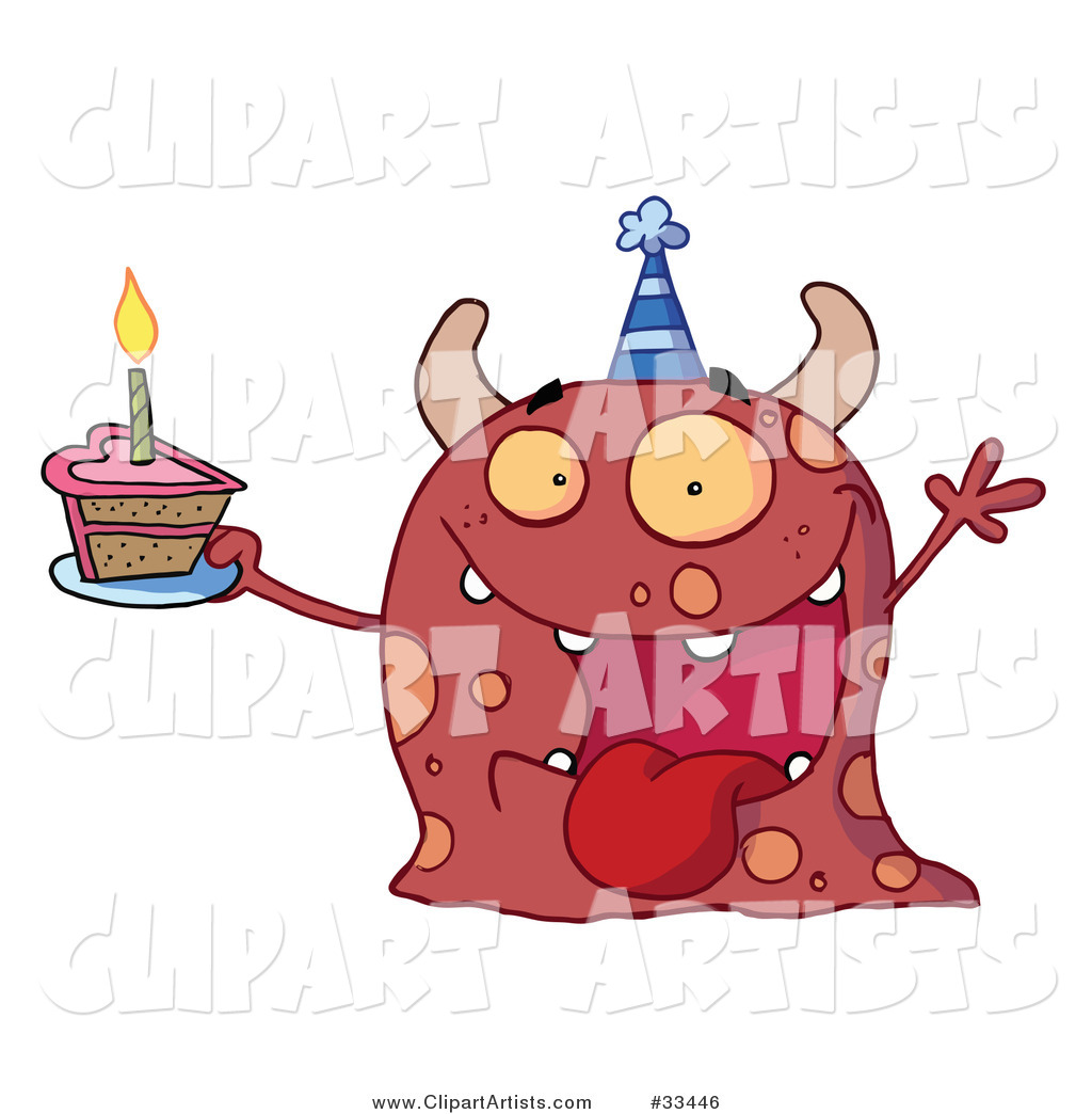 Excited Birthday Monster Wearing a Party Hat and Holding a Slice of Cake, Screaming and Holding an Arm up