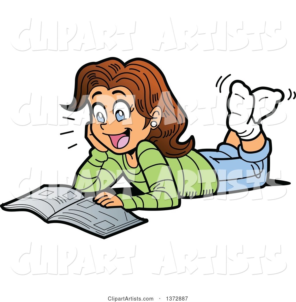 Excited Brunette White Girl Reading a Magazine on the Floor