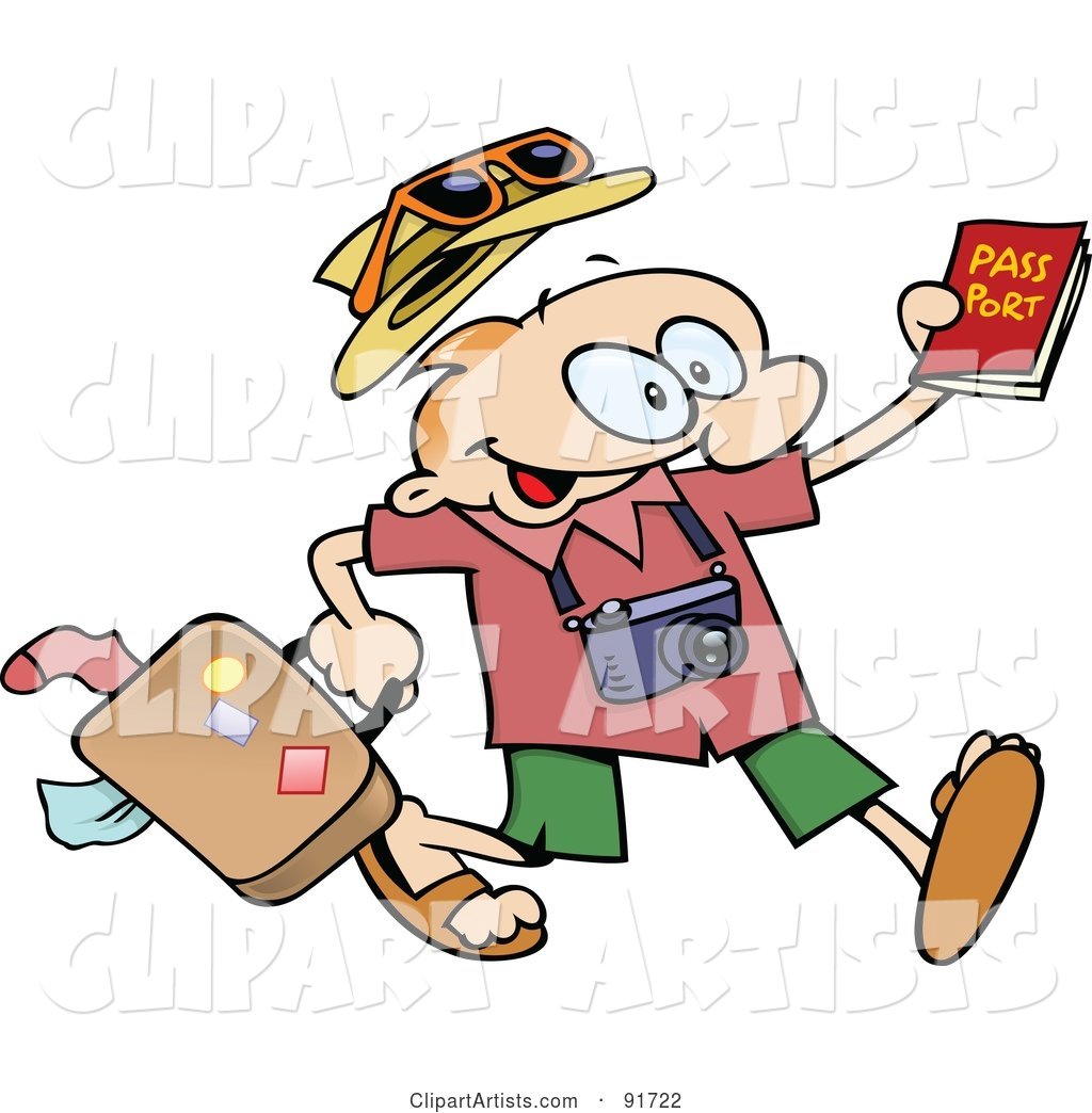 Excited Toon Guy Running with His Luggage and Passport