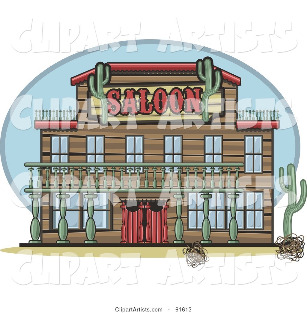 Facade of a Western Saloon with Cacti Plants and Tumble Weeds