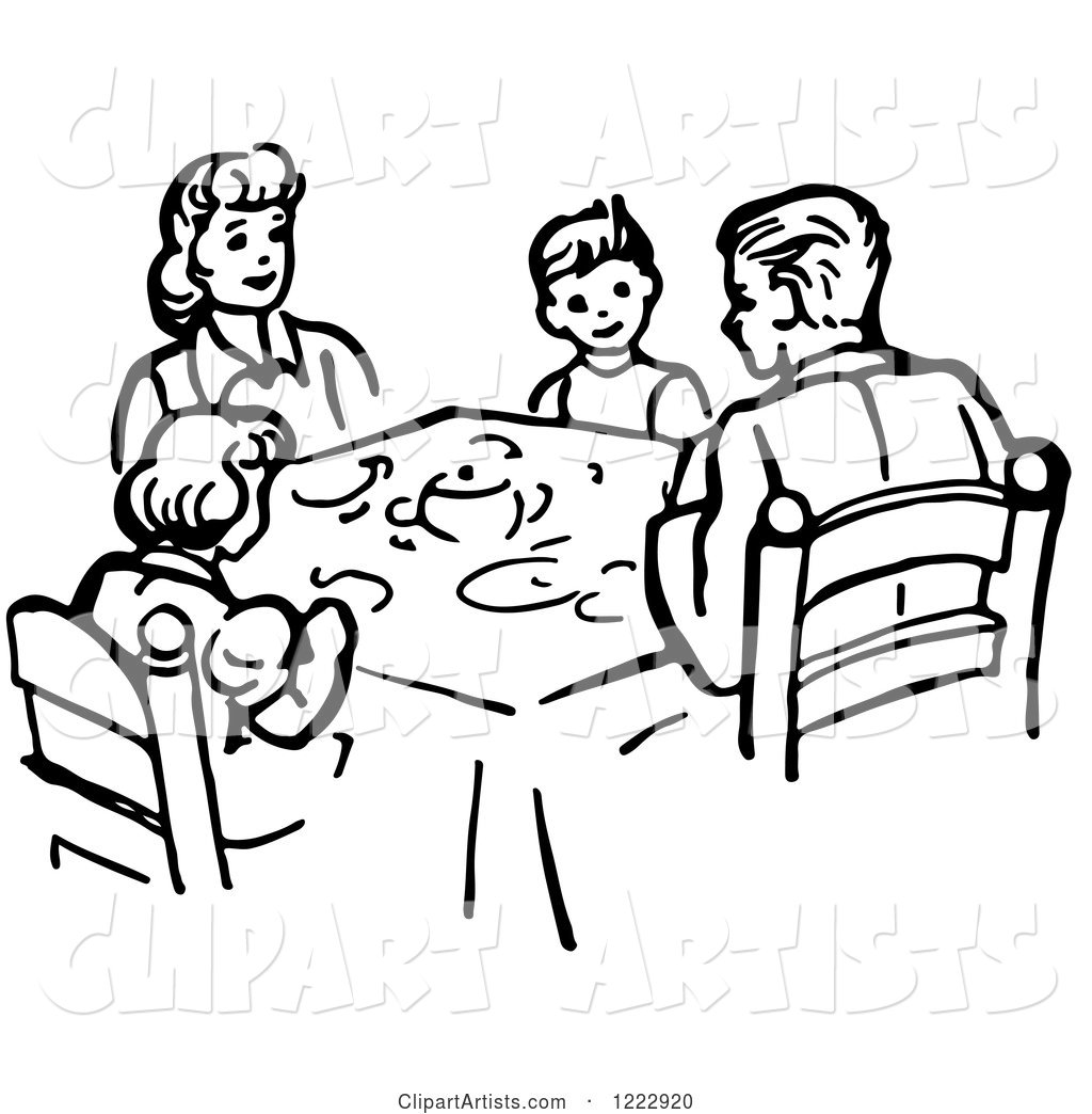 Family Eating Supper at a Table in Black and White