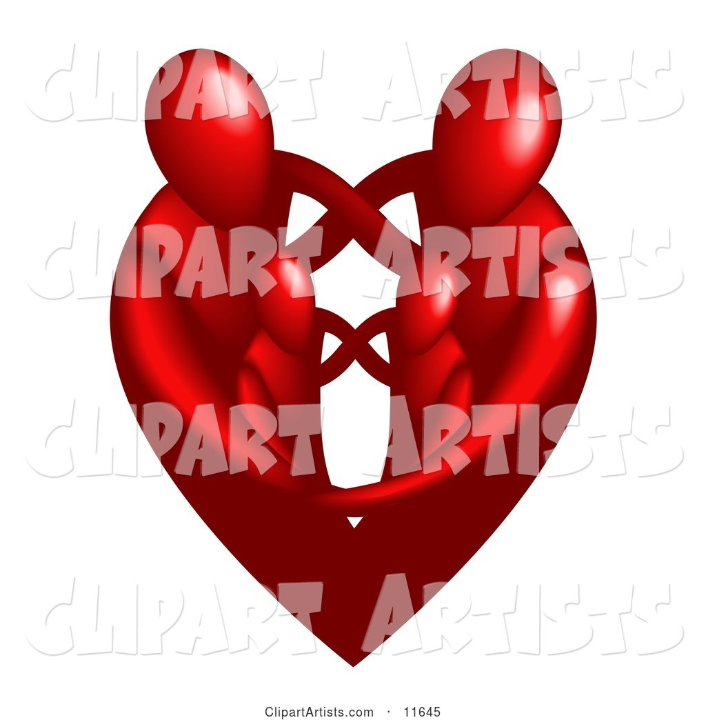 Family of Four Embracing and Forming the Shape of a Red Heart