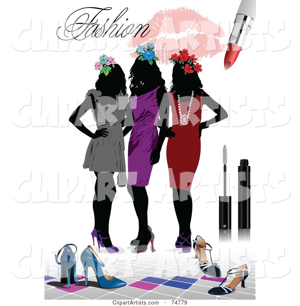 Fashion Background of Three Silhouetted Women in Dresses, with Shoes and Makeup over White