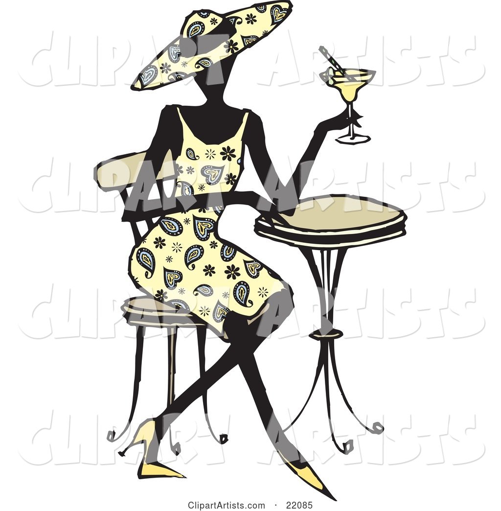 Fashionable Woman in Heels, a Paisley Dress and Matching Hat, Seated at a Cafe Table and Sipping a Cocktail