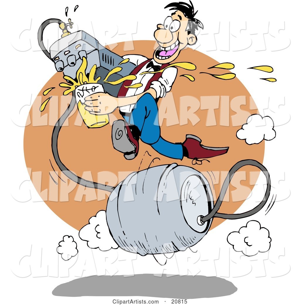 Fast and Talented Man Running on a Metal Barrel Beer Keg, Pouring Liquor from a Faucet at a Bar