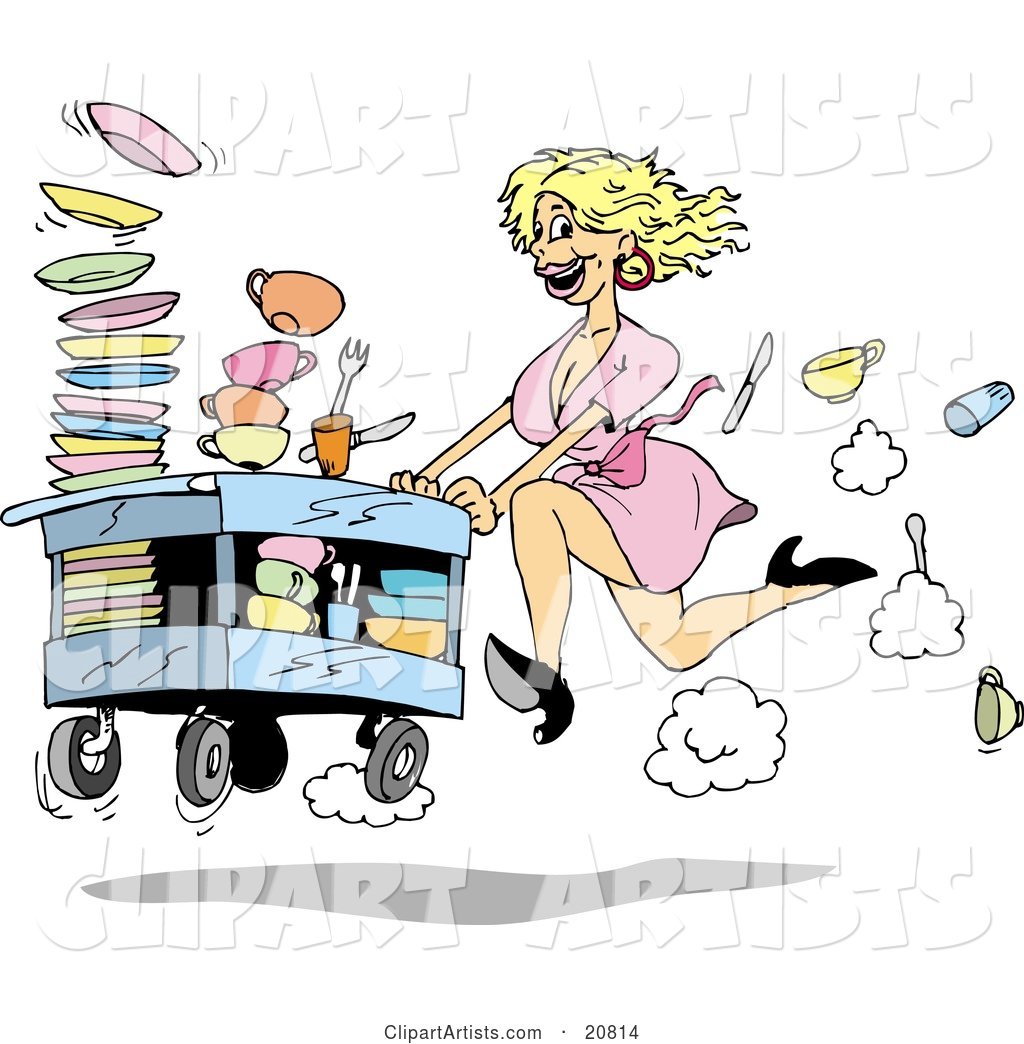 Fast Blond Waitress Woman in a Pink Dress and Black High Heels, Rushing a Cart of Dirty Dishes to Be Washed at a Restaurant