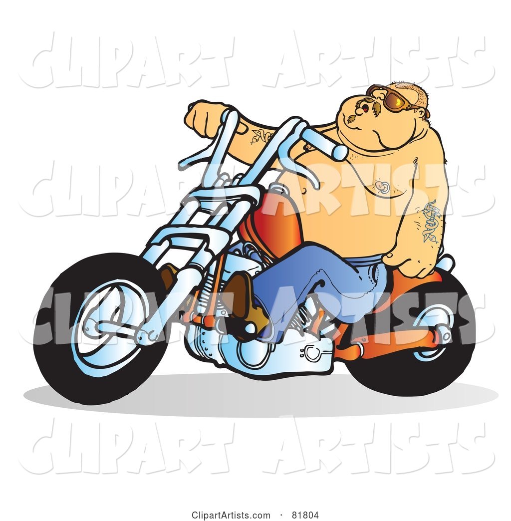 Fat Tattooed Biker Man on an Orange Motorcycle
