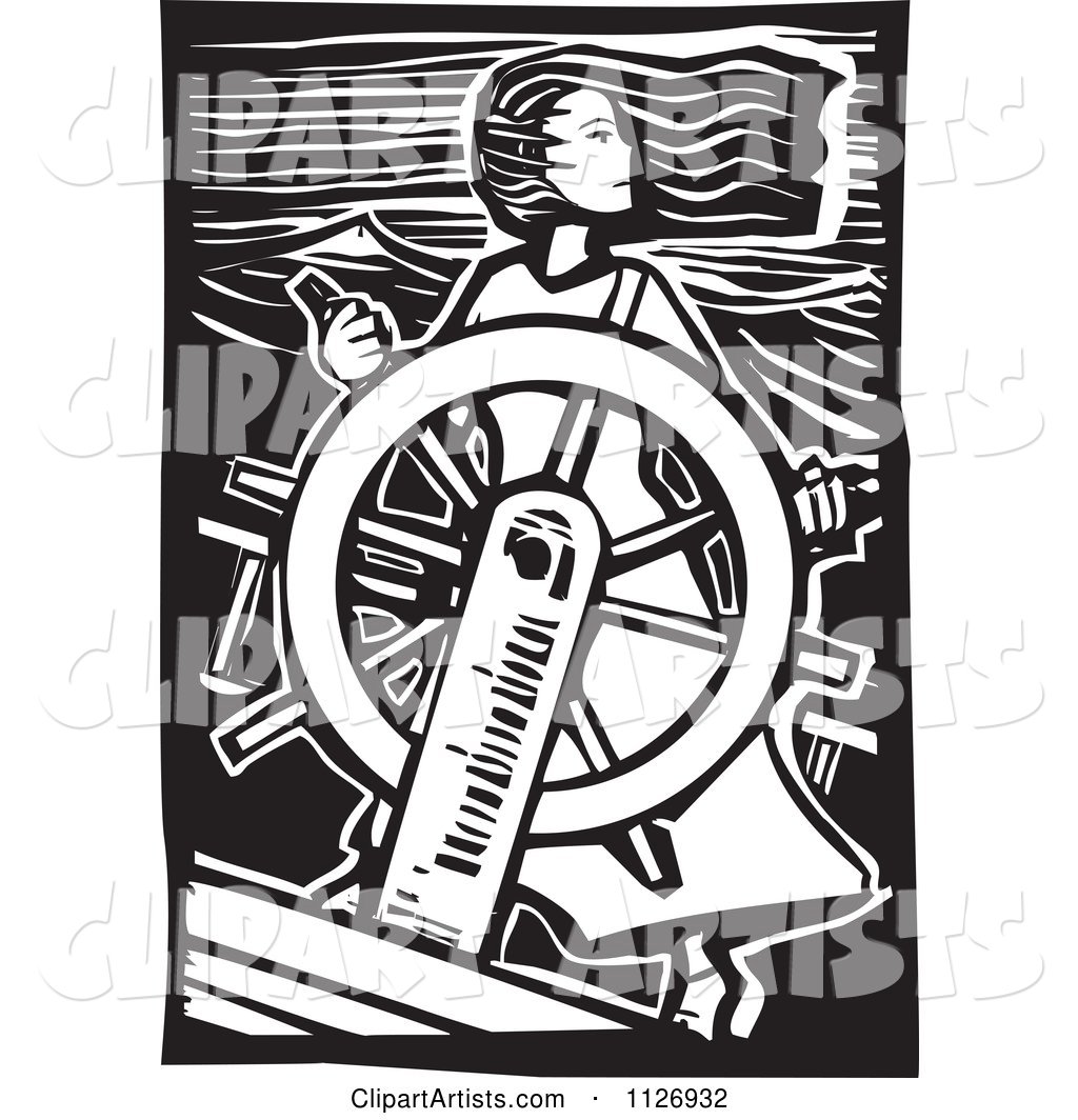 Female Pirate at the Helm Black and White Woodcut