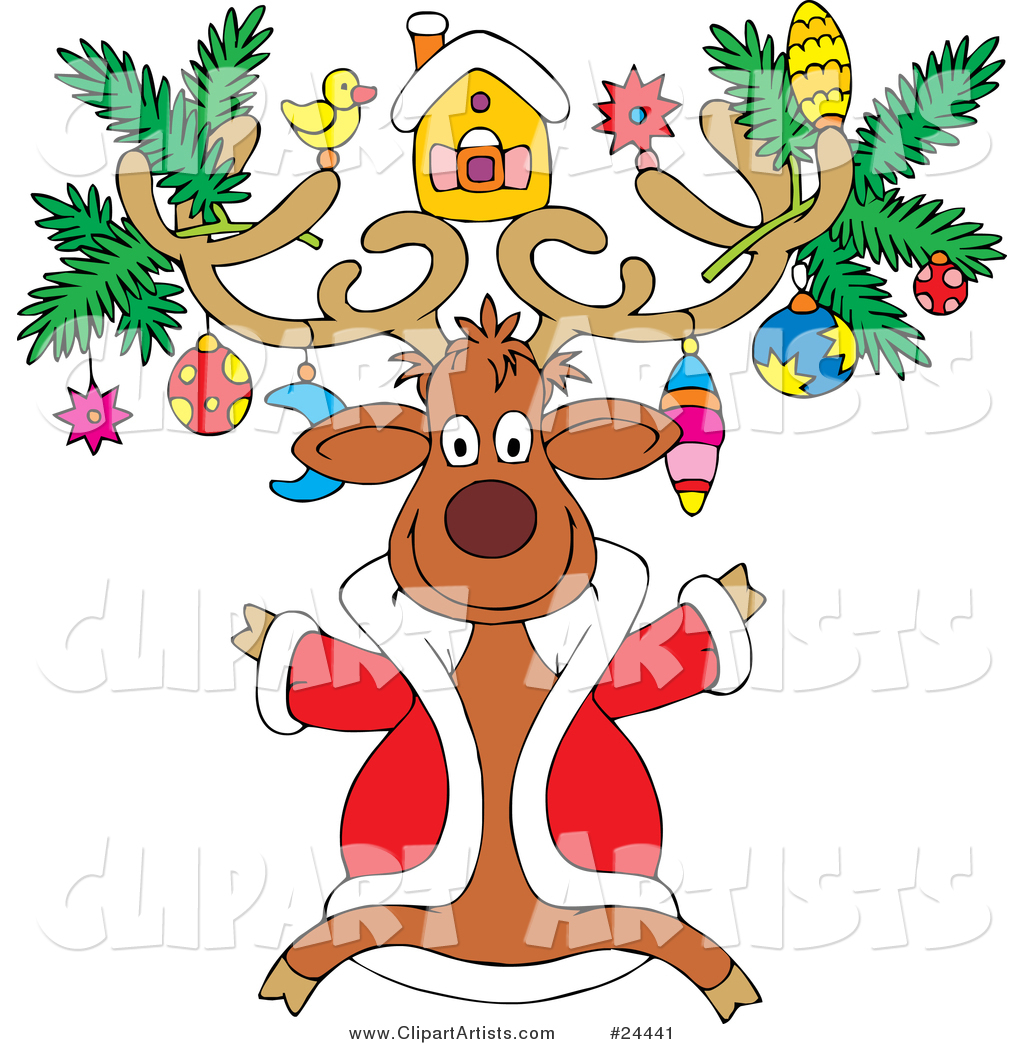 Festive Christmas Reindeer Wearing a Red Jackt and Ornaments on His Antlers
