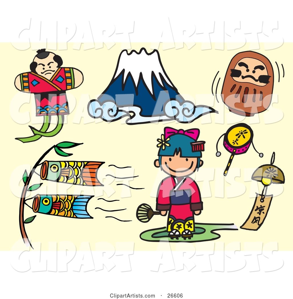 Fighting Japanese Kite, Mount Fuji, Doll, Carp Kites, Bell, Girl and Toys over a Tan Background