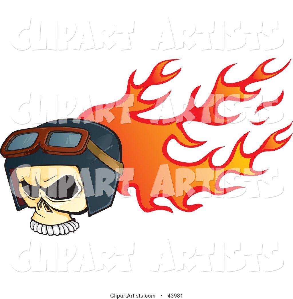 Flaming Biker Skull Wearing Goggles and a Helmet