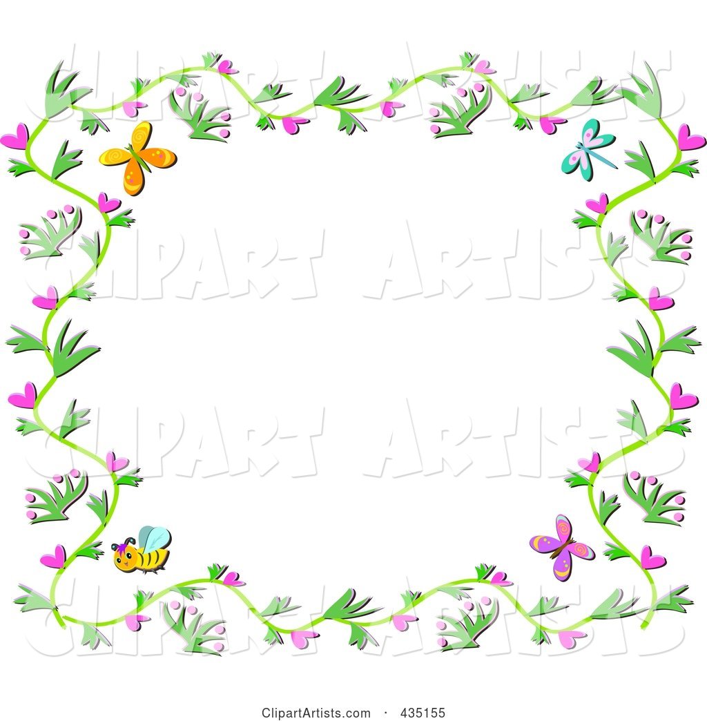 Floral Vine Border with Hearts, Bees and Butterflies
