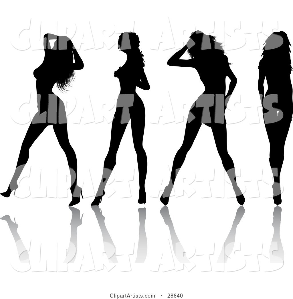 Four Sexy Black Silhouetted Women in High Heels, Standing in Different Poses