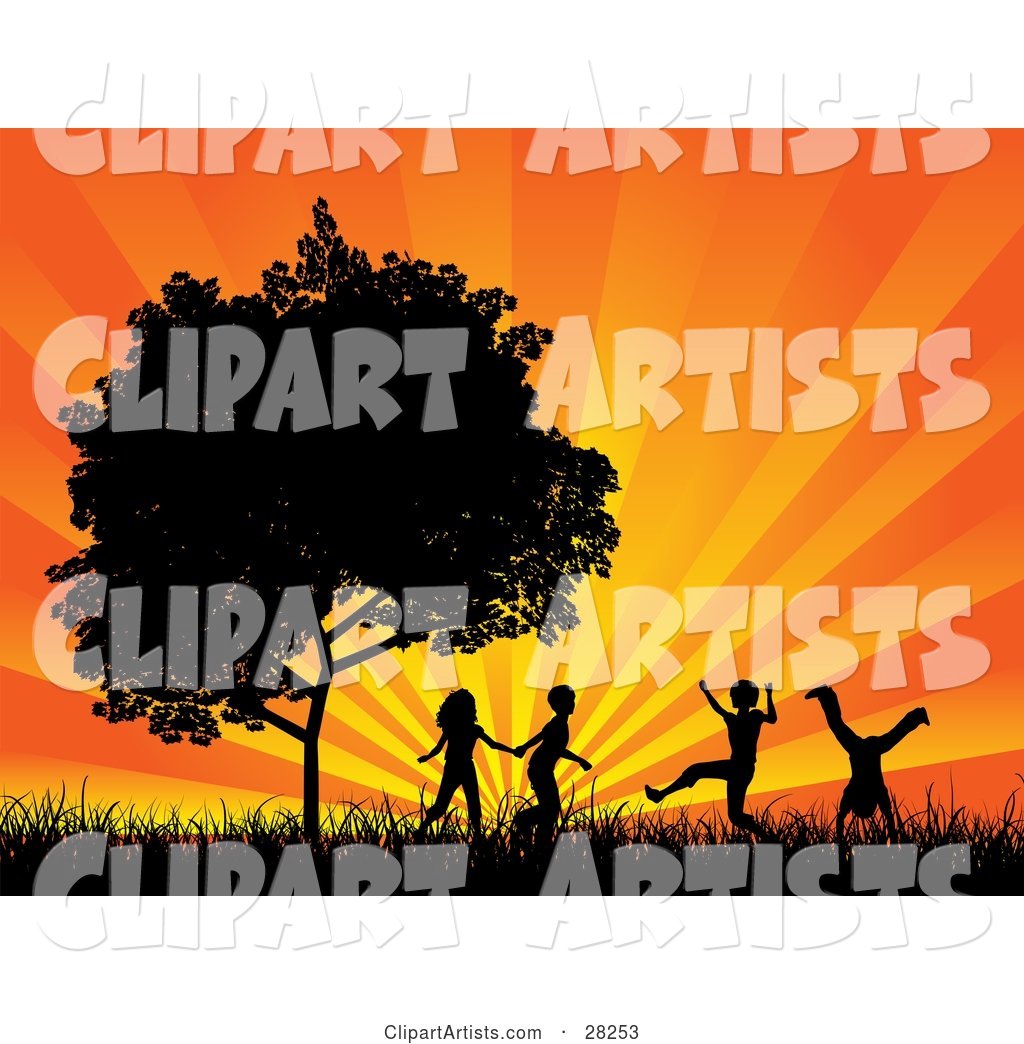 Four Silhouetted Children Running, Holding Hands and Doing Somersaults in a Field near a Tree, Against a Bursting Orange Sunset