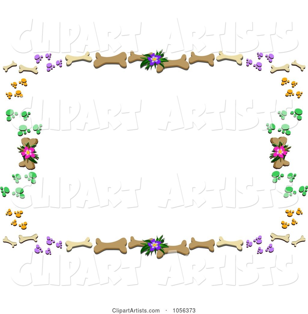 Frame of Dog Bones, Paw Prints and Flowers