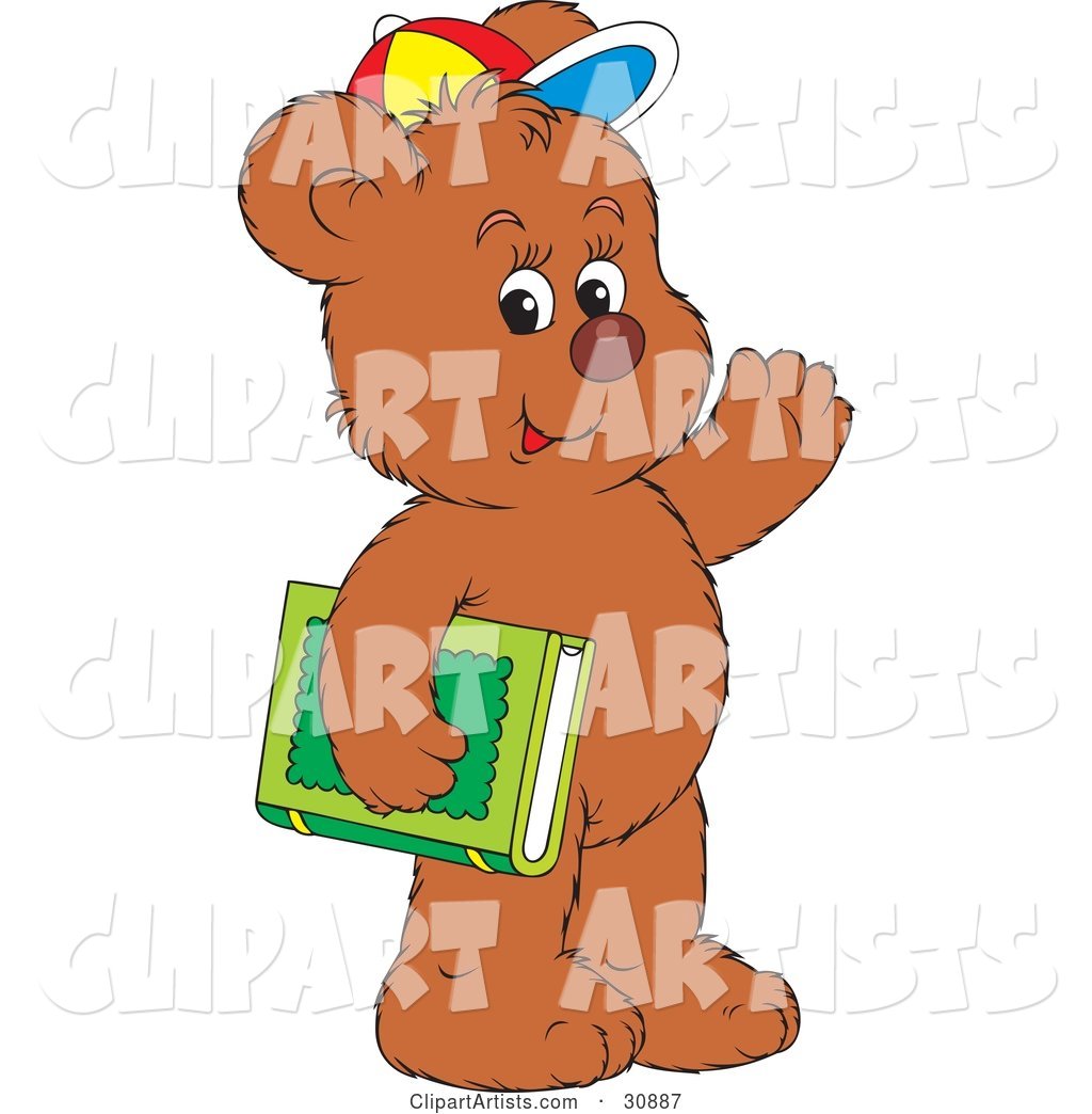 Friendly Bear Cub Student Wearing a Colorful Hat, Waving and Carrying a Green Library or School Book