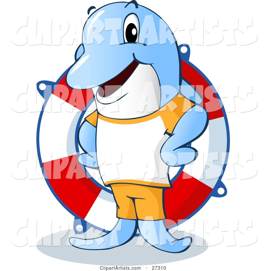 Friendly Blue Dolphin Life Guard Standing in Front of a Life Saver Ring