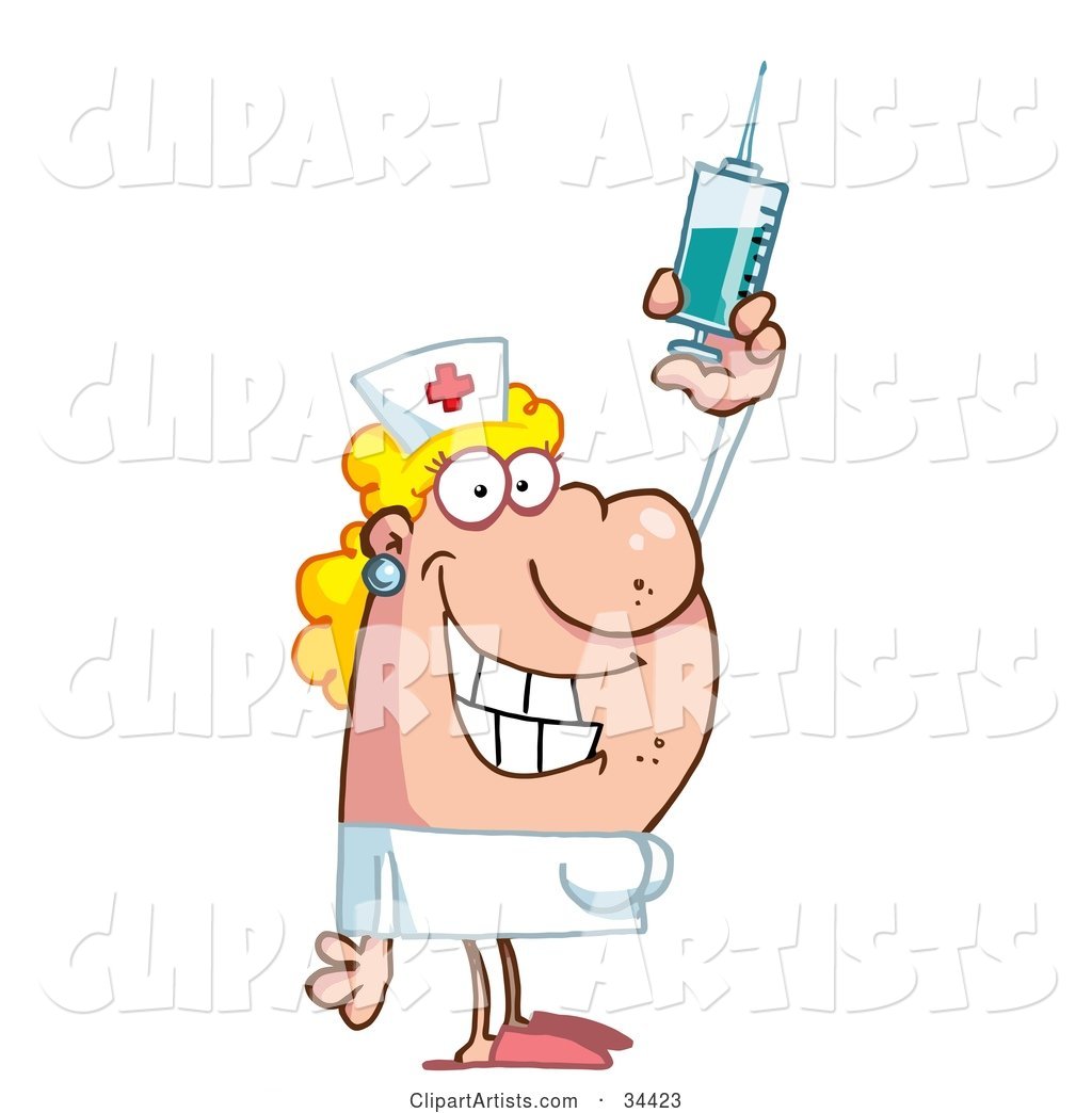 Friendly Female Caucasian Nurse Holding up a Syringe