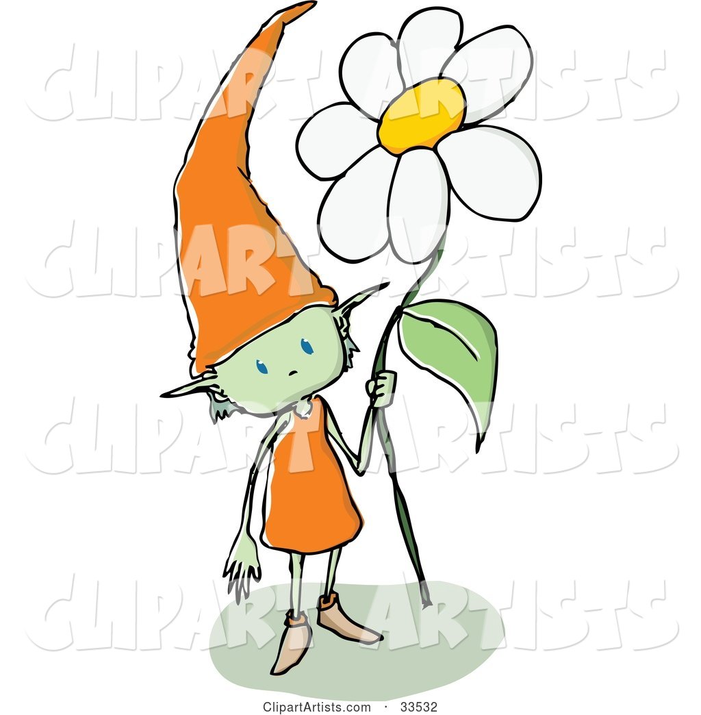 Friendly Green Gnome Wearing an Orange Dress and a Tall Pointy Hat, Holding a White Daisy Flower