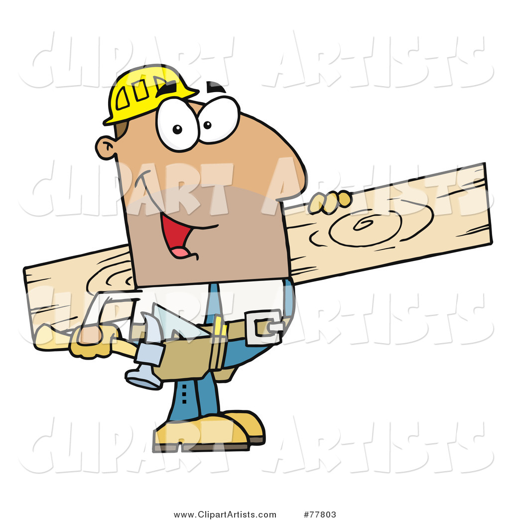 Friendly Hispanic Construction Worker Carrying a Wood Board