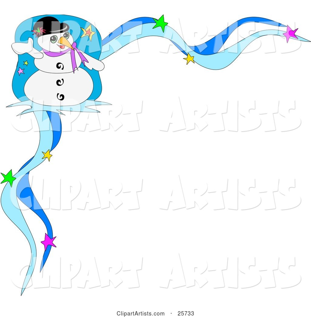 Frosty the Snowman Wearing a Hat and Purple Scarf and Waving, in the Corner of a Blue Starry Christmas Stationery Border