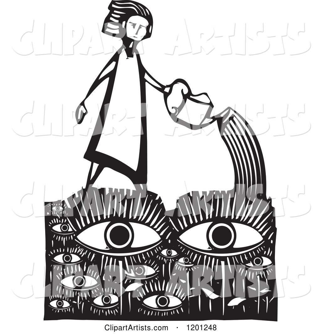 Girl Watering an Eye Garden Black and White Woodcut