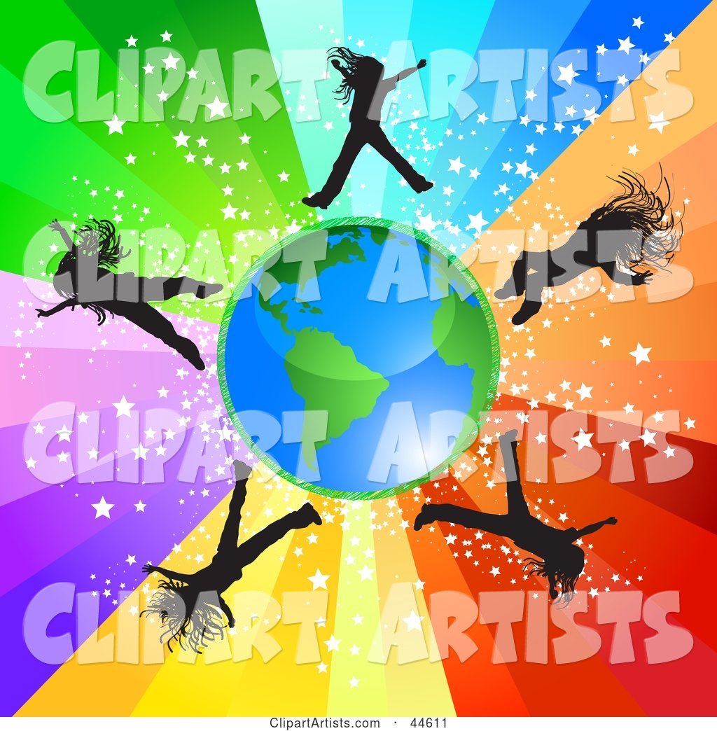 Girls Jumping Around Earth on a Rainbow Background