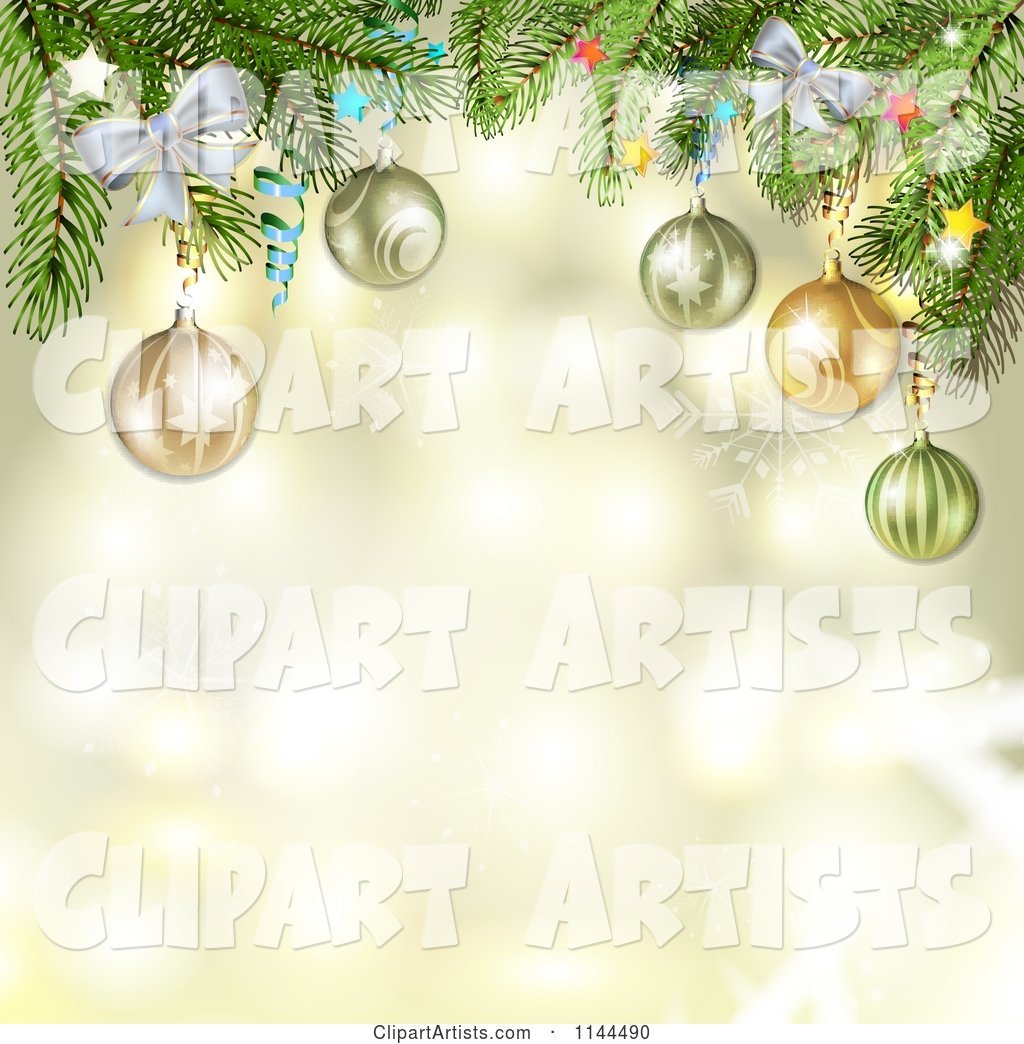 Golden Christmas Background with Baubles on Branches
