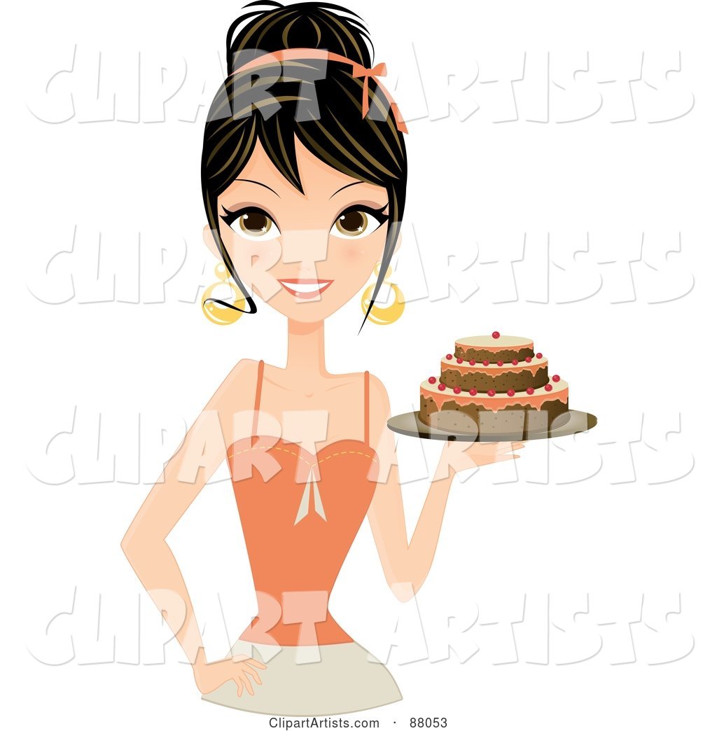 Gorgeous Brunette Woman Holding a Tiered Birthday Cake in Hand
