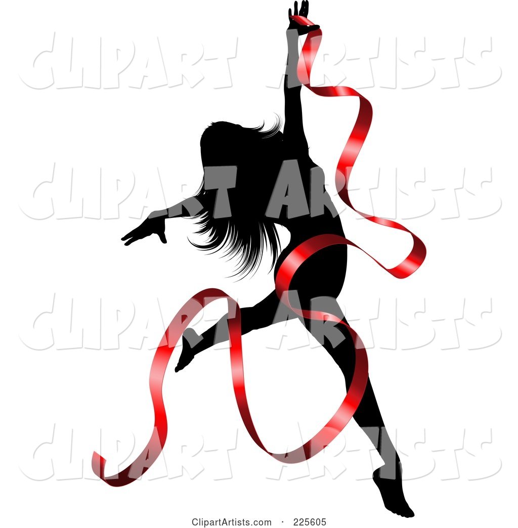 Graceful Silhouetted Woman Dancing with a Red Ribbon