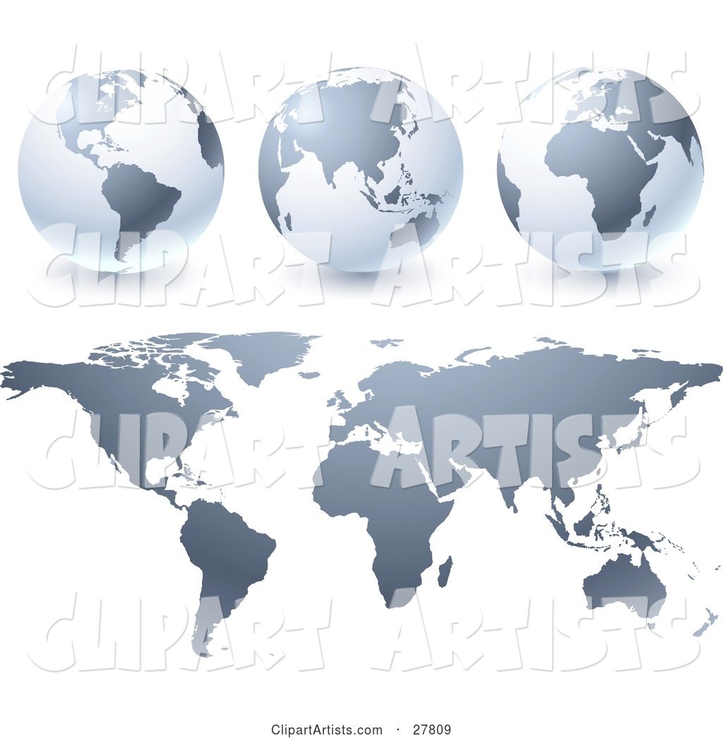 Gradient Gray Globes and Maps over a White Background