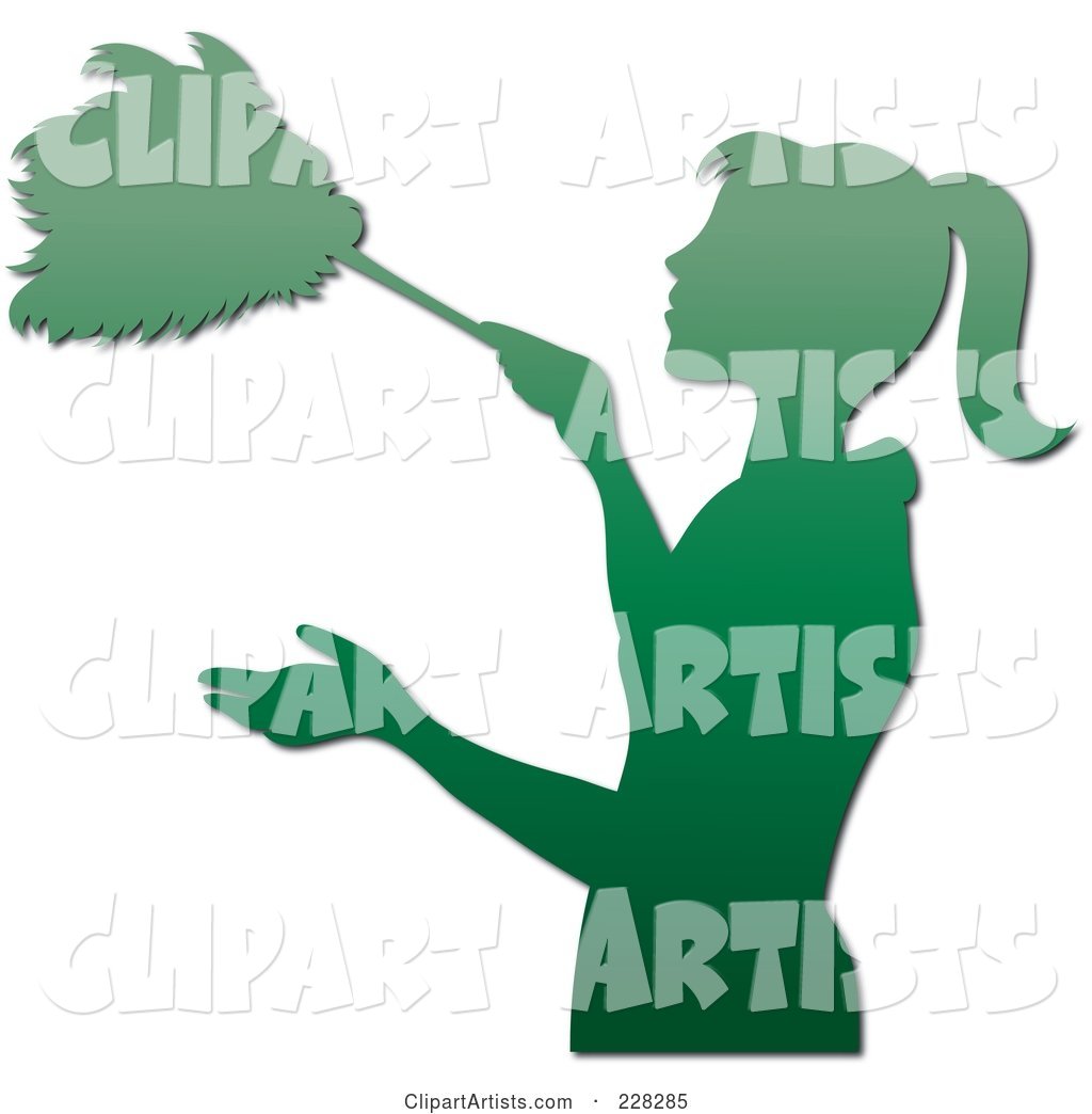 Gradient Green Silhouetted Maid Dusting with a Feather Duster